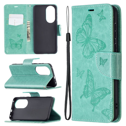 Butterfly-embossed leather phone wallet case with card slot and lanyard, green