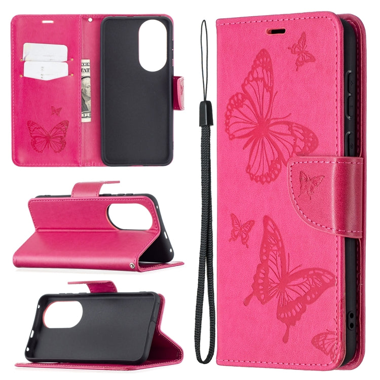Butterfly-embossed leather phone wallet case with card slot and lanyard, rose red