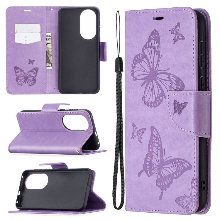 Butterfly embossed leather phone wallet case with card slot and lanyard, purple