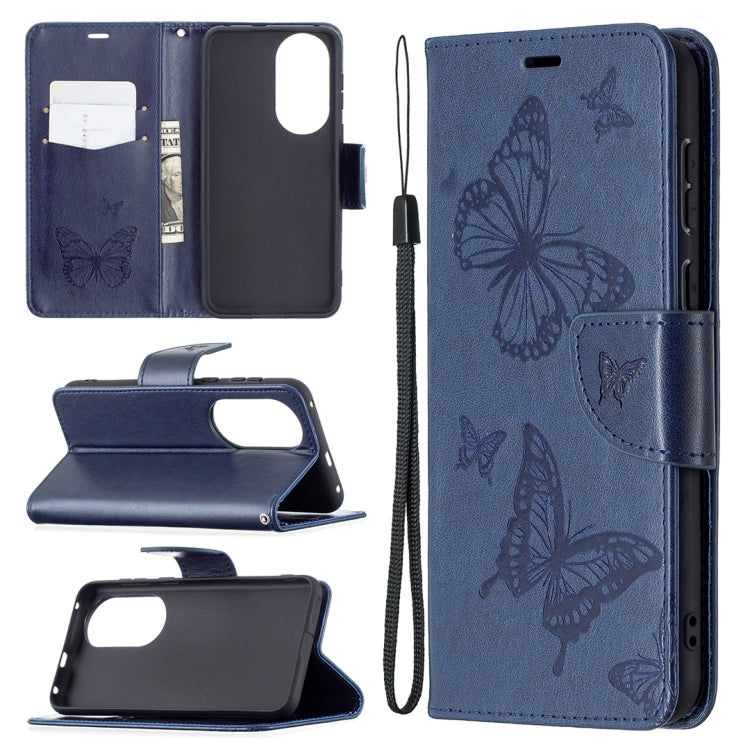 Butterfly embossed leather phone wallet case with card slot and lanyard, dark blue