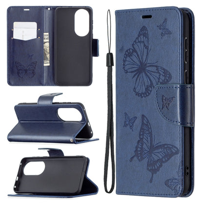 Butterfly embossed leather phone wallet case with card slot and lanyard, dark blue
