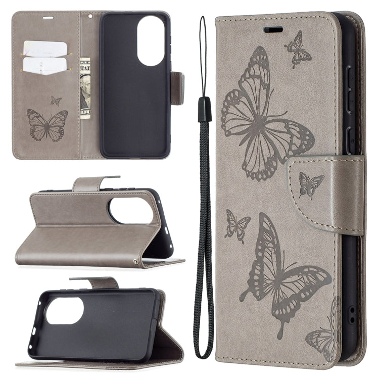 Butterfly embossed leather phone wallet case with card slot and lanyard, gray