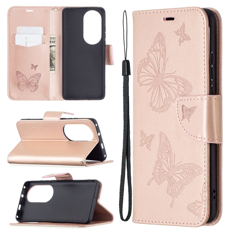 Butterfly embossed leather phone wallet case with card slot and lanyard, rose pink