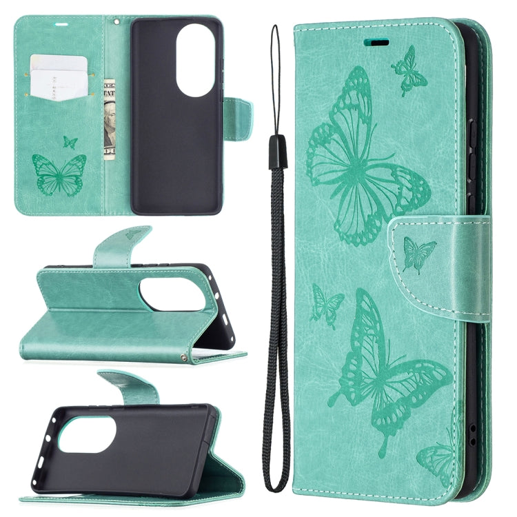 Butterfly embossed leather phone wallet case with card slot and lanyard, teal green