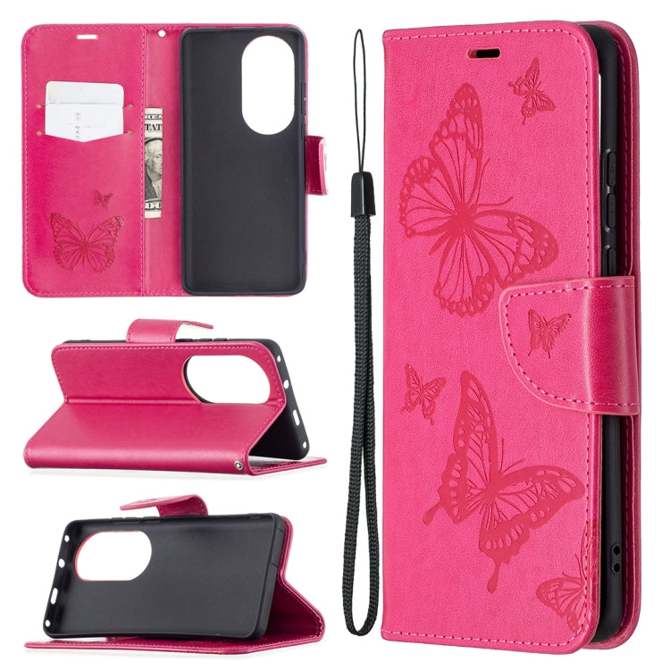 Butterfly embossed leather phone wallet case with card slot and lanyard, magenta pink