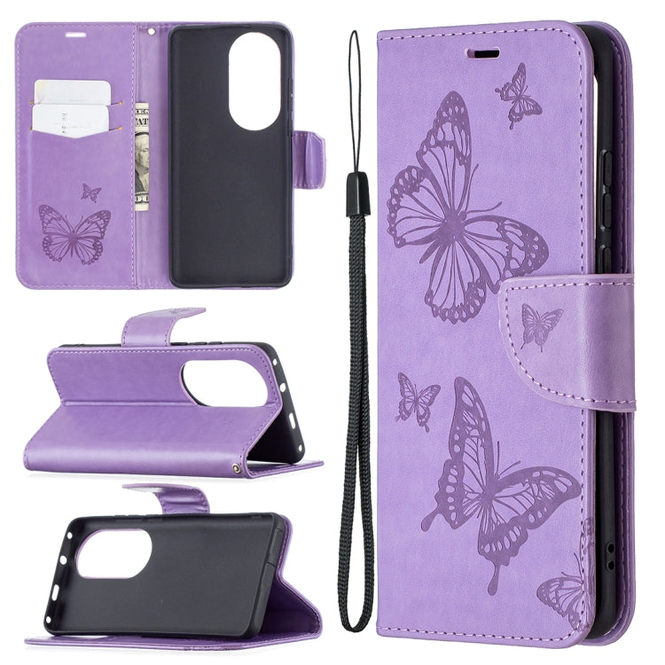 Butterfly embossed leather phone wallet case with card slot and lanyard, lavender purple