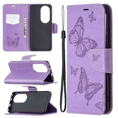 Butterfly embossed leather phone wallet case with card slot and lanyard, lavender purple