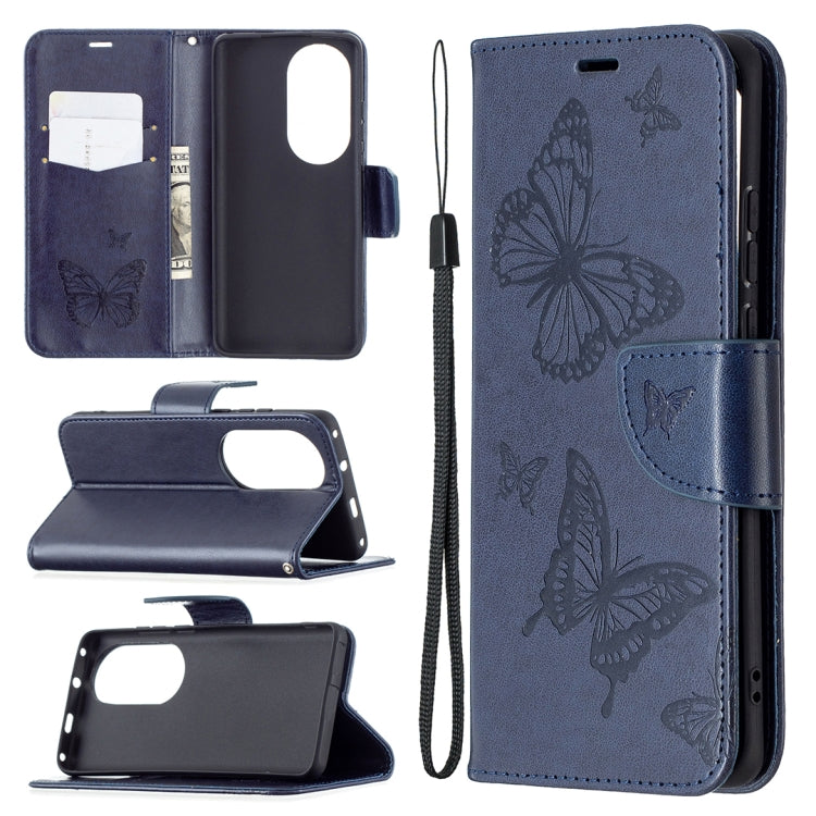 Butterfly embossed leather phone wallet case with card slot and lanyard, navy blue
