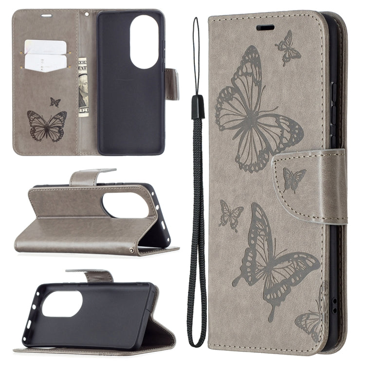 Butterfly embossed leather phone wallet case with card slot and lanyard, beige gray