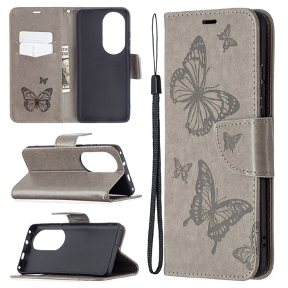 Butterfly embossed leather phone wallet case with card slot and lanyard, beige gray