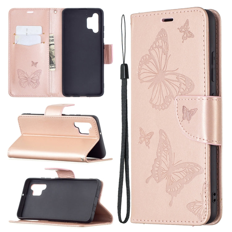 Rose gold/beige butterfly-embossed phone wallet case with card slots, flip stand, and lanyard