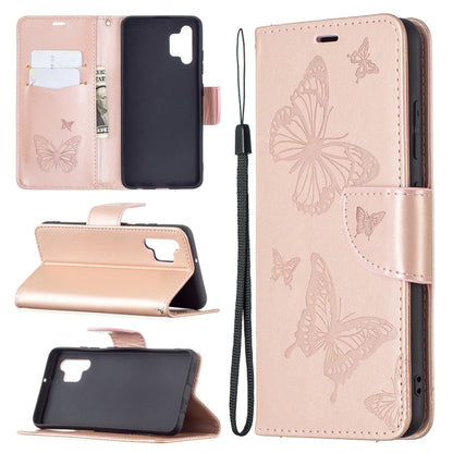Rose gold/beige butterfly-embossed phone wallet case with card slots, flip stand, and lanyard