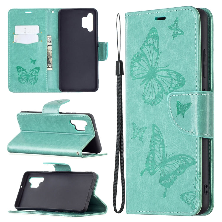 Teal green butterfly-embossed phone wallet case with card slots, flip stand, and lanyard strap