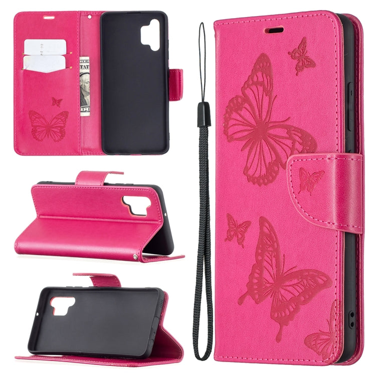 Pink butterfly-embossed phone wallet case with card slots, flip stand, and lanyard strap