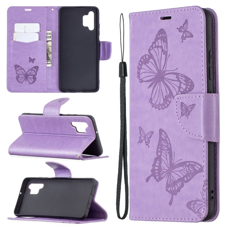 Butterfly embossed leather phone wallet case with card slot and lanyard, lilac purple