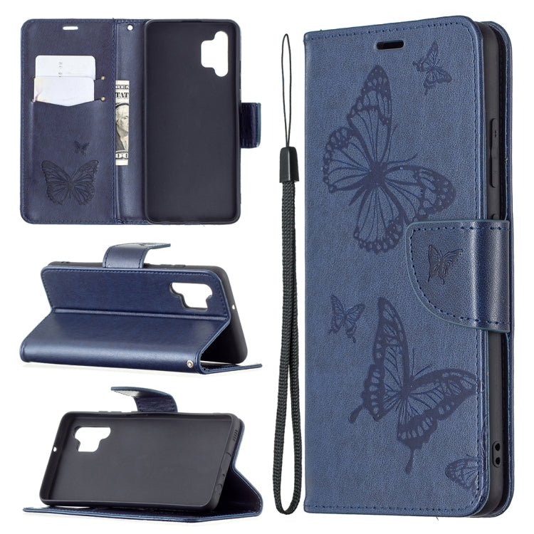 Blue butterfly-embossed phone wallet case with card slots, flip stand, and lanyard strap