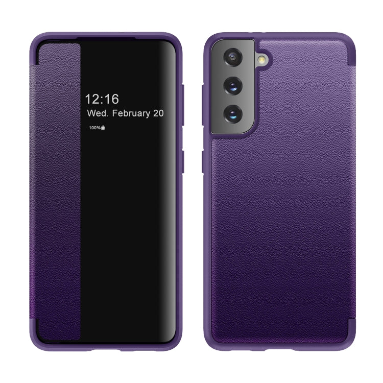 Purple magnetic side-window flip leather phone case, front and back view