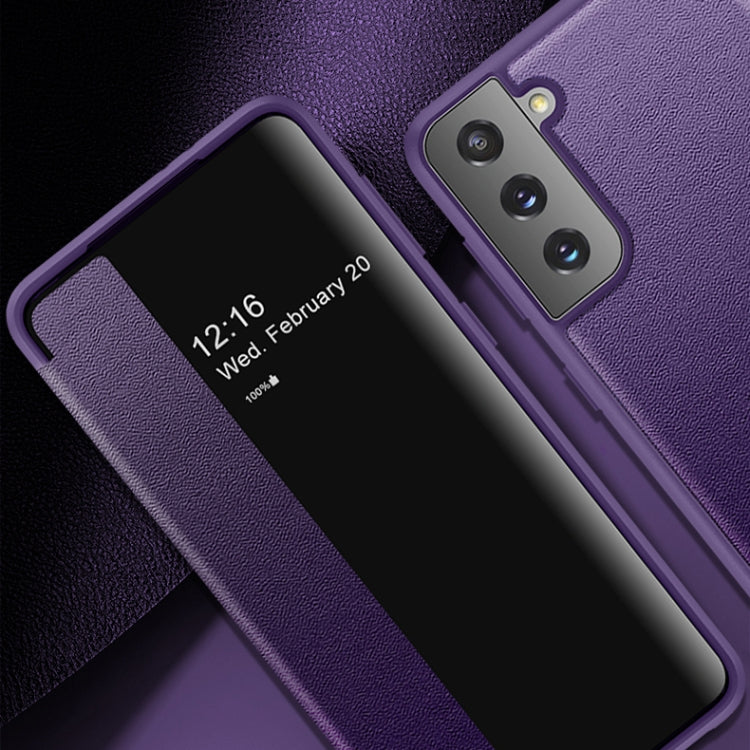 Purple magnetic side-window flip leather case with camera cutouts, angled close-up