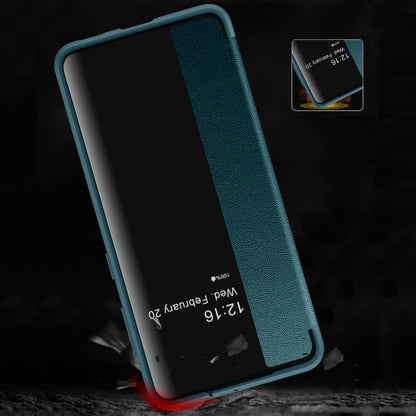 Blue-green magnetic side-window flip leather case with phone screen, angled view