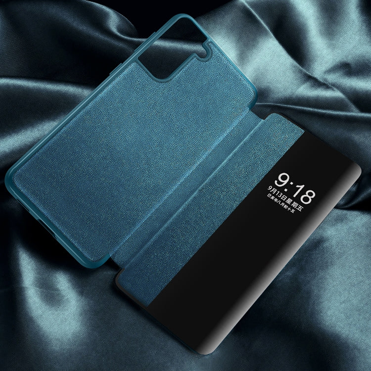 Teal magnetic side-window flip leather phone case with card slot, open view