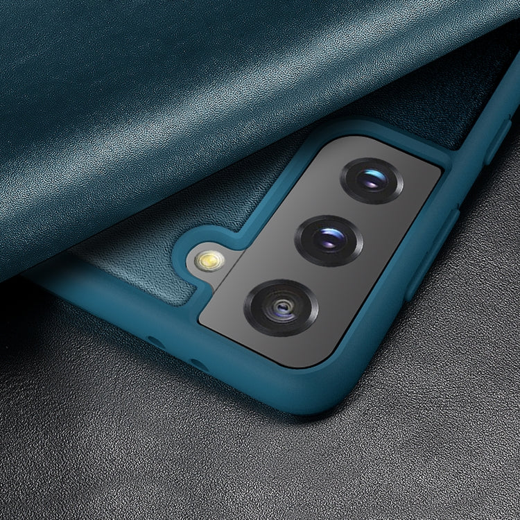 Teal magnetic side-window flip leather phone case showing camera area, close-up