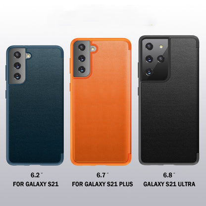 Assorted magnetic side-window flip leather phone cases in blue, orange, and black