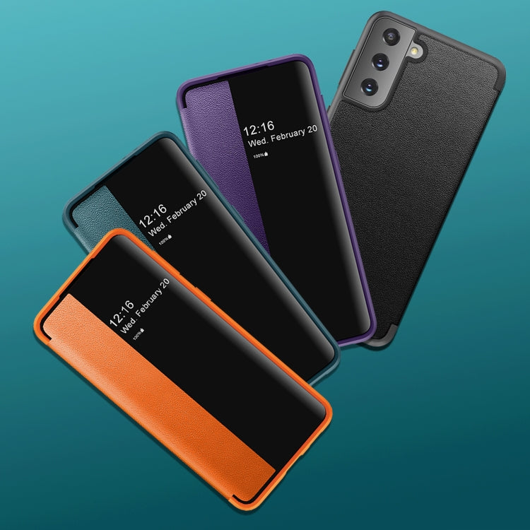 Multiple magnetic side-window flip leather phone cases in teal, purple, orange, and gray