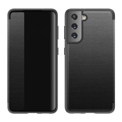 Black textured flip phone case with side window; back camera cutouts visible