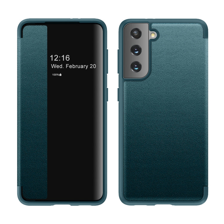 Teal flip case with side window; phone screen shows 12:16 and date