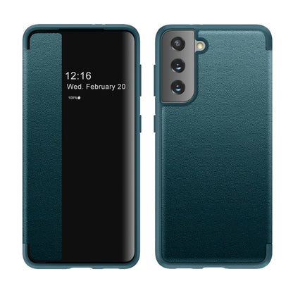 Teal flip case with side window; phone screen shows 12:16 and date