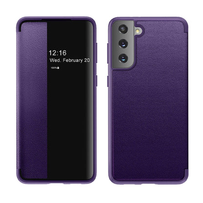 Purple magnetic side-window flip leather phone case, front and back view