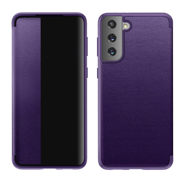 Purple magnetic side-window flip leather case with front cover and rear camera cutout