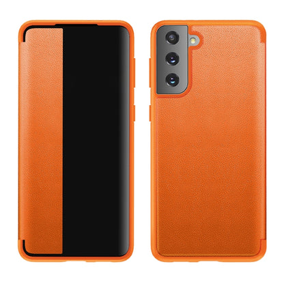 Orange magnetic side-window flip leather phone case, front and back view
