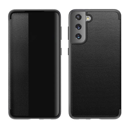 Black textured magnetic flip phone case with side window strip; full back view