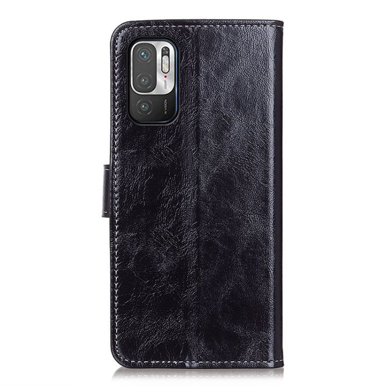 Black crazy-horse leather flip phone wallet case with camera cutout.