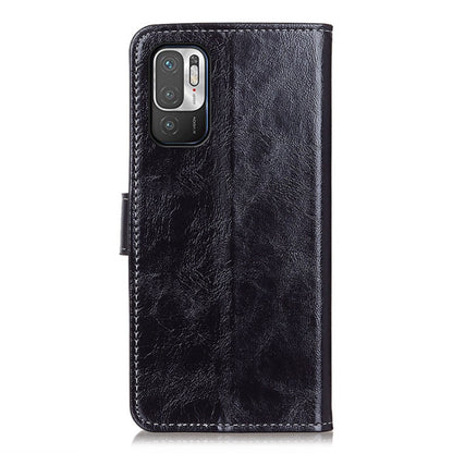 Black crazy-horse leather flip phone wallet case with camera cutout.