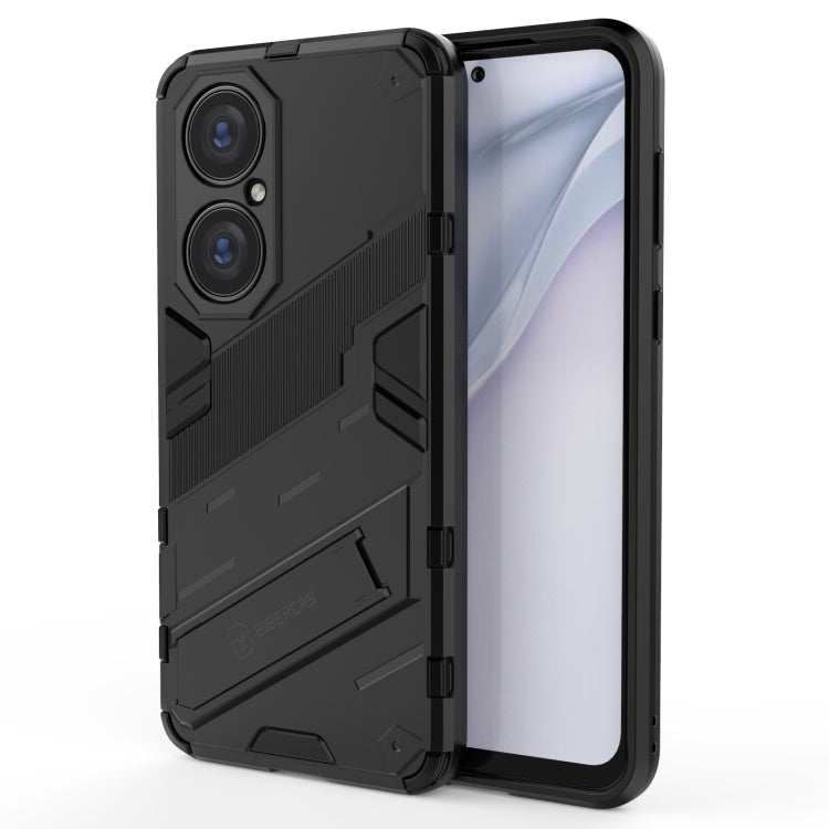 Black rugged shockproof phone case with PC back and TPU bumper, built-in stand