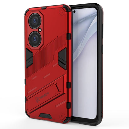 Red rugged shockproof phone case with TPU bumper and built-in stand