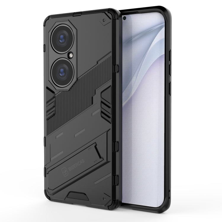 Black rugged shockproof phone case with TPU bumper, camera covers, built-in stand