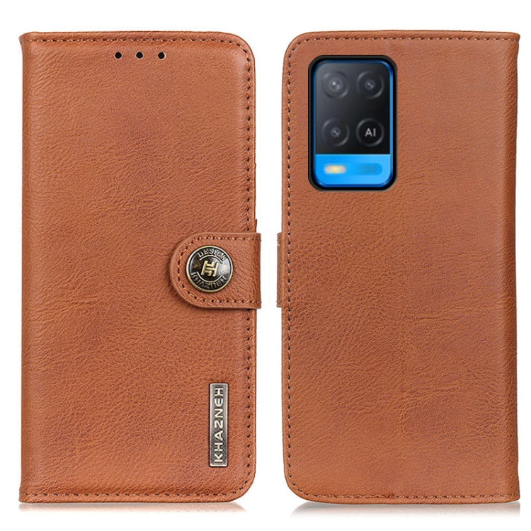 KHAZNEH leather flip phone case with card slots, brown; flip cover and camera cutout.
