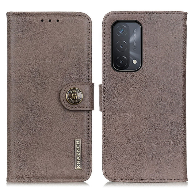 KHAZNEH leather flip phone case with card slots, taupe; holder cover and camera cutout.