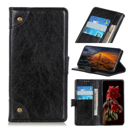 Black leather flip phone case with copper buckle, card slots, and wallet holder