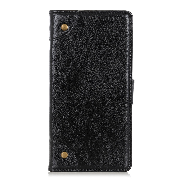 Black leather vertical flip phone case with copper snap buttons