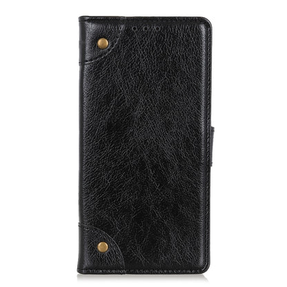 Black leather vertical flip phone case with copper snap buttons