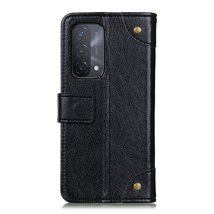 Black leather flip phone case with camera cutout and side card holder strap