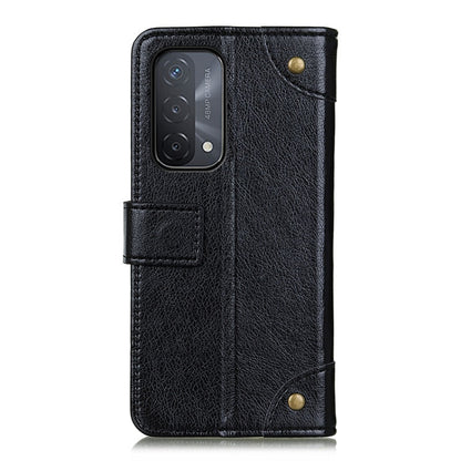Black leather flip phone case with camera cutout and side card holder strap