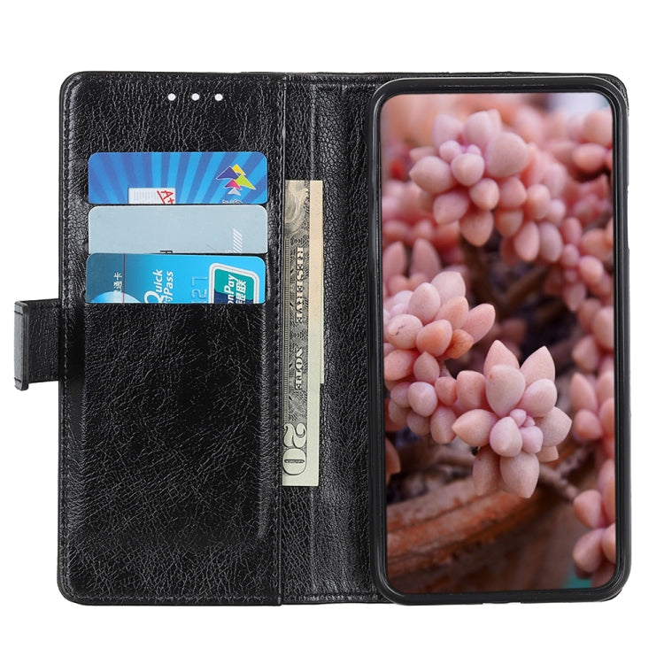 Black leather flip phone case open view with card slots and kickstand