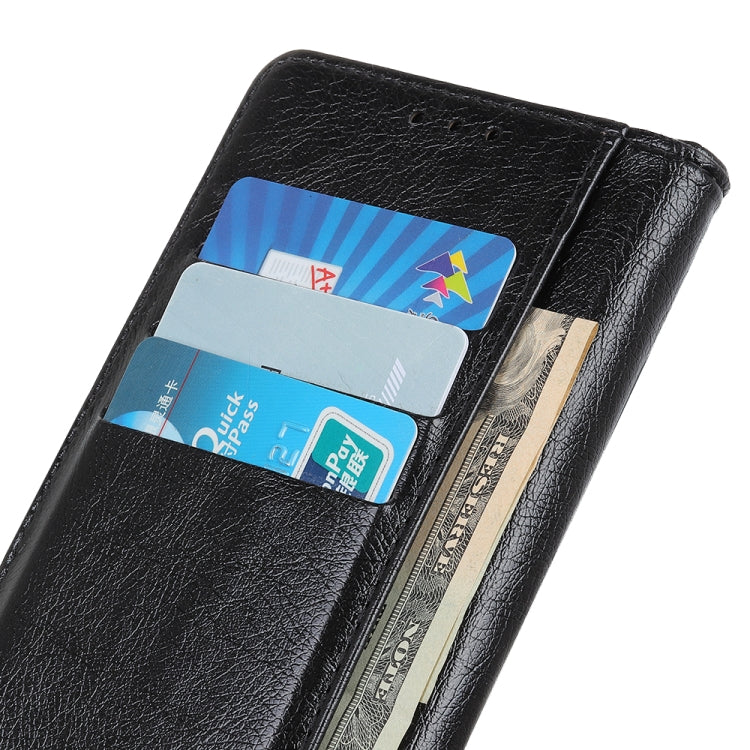 Black leather flip phone case interior showing card slots and copper strip
