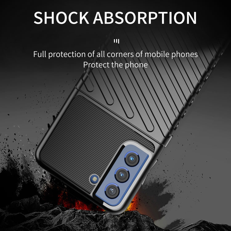 Black shockproof TPU phone case with ribbed texture and blue-accent camera cutouts