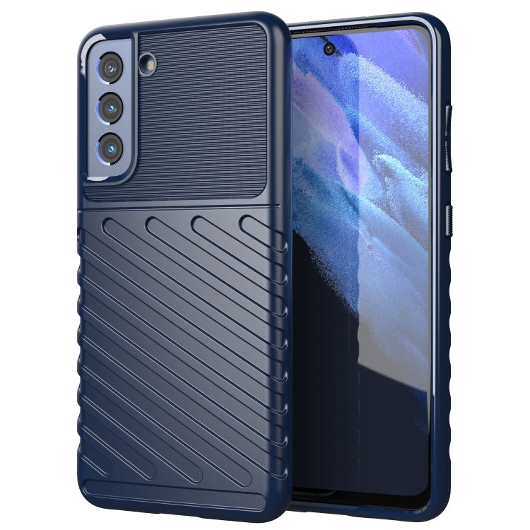 Blue shockproof TPU phone case with ribbed texture and camera cutouts